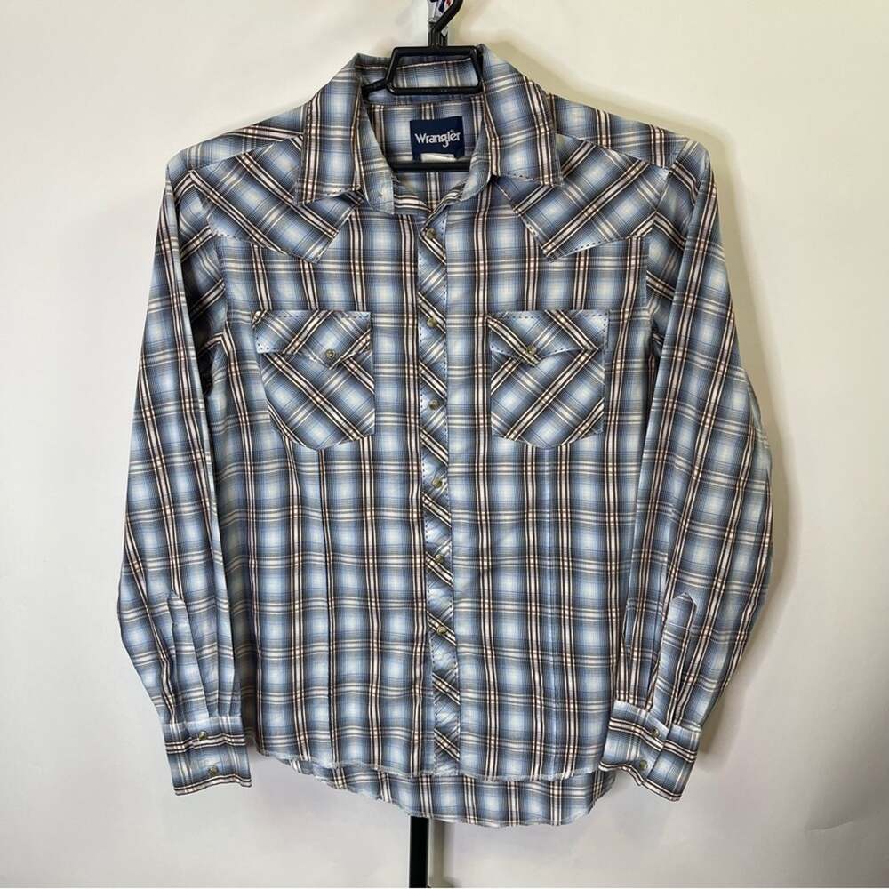 Wrangler Blue Brown Plaid Pearl Snap Shirt Size Medium Men’s